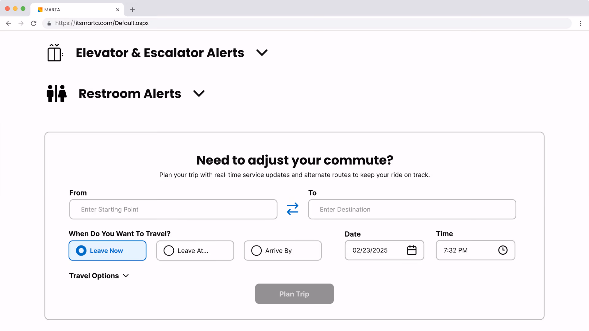 Webpage showing elevator, escalator, and restroom alerts with a travel planner form for trip details and timing.