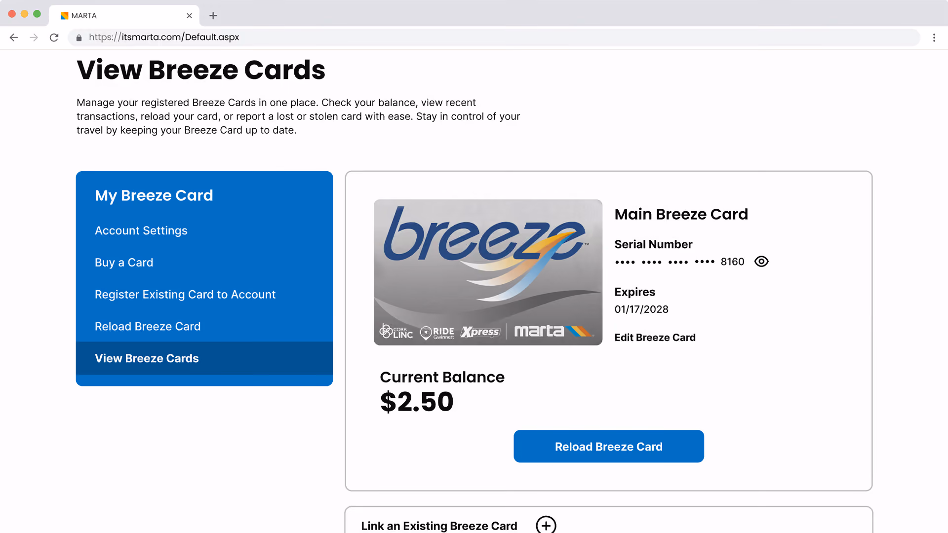 Webpage showing Breeze Card balance $2.50 with options to reload, view, or manage Breeze Cards.