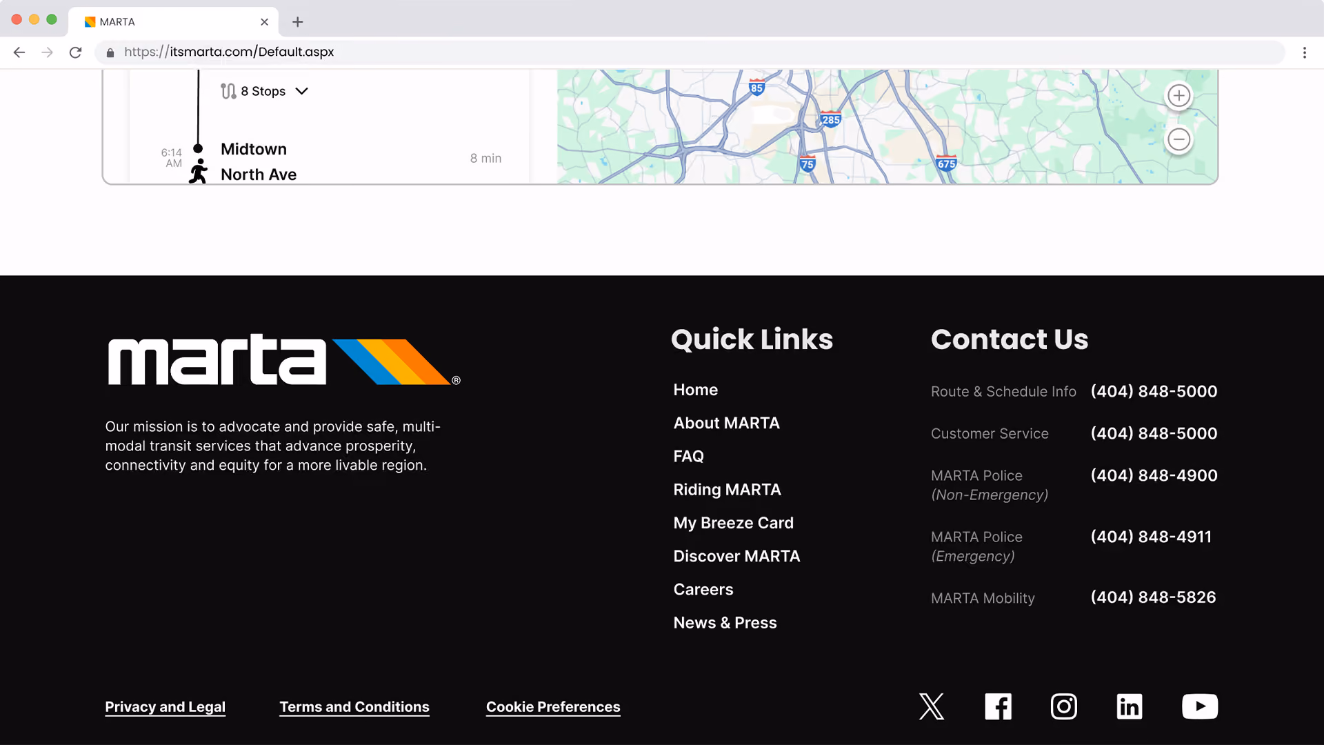 MARTA footer with mission statement, quick links, contact numbers, and social media icons on dark background.