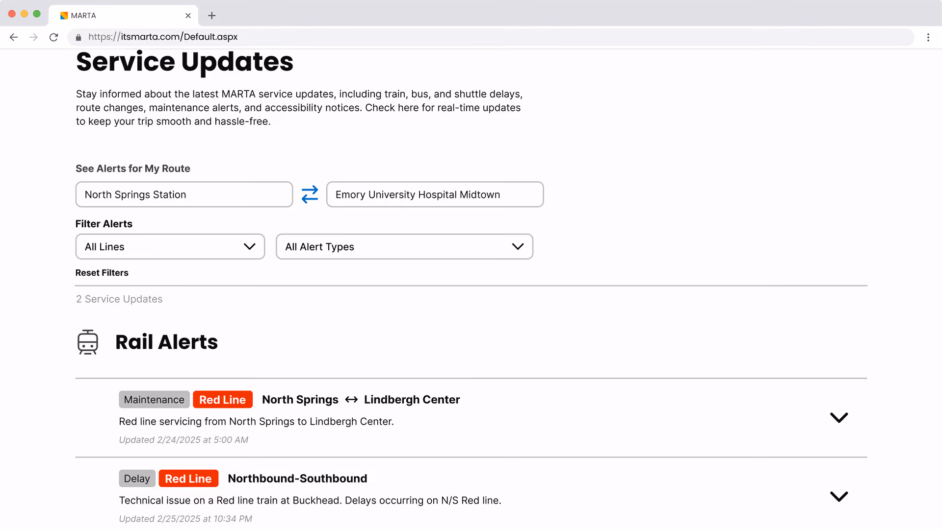 MARTA service updates page showing Red Line rail alerts for maintenance and delays at North Springs and Buckhead.