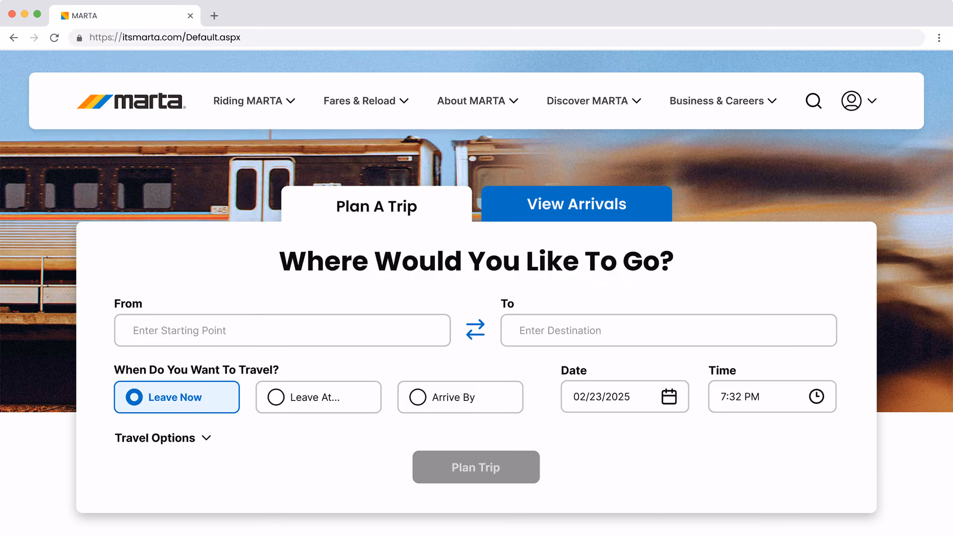 MARTA trip planner interface with fields for from, to, travel time, date, and time selections under a train background.