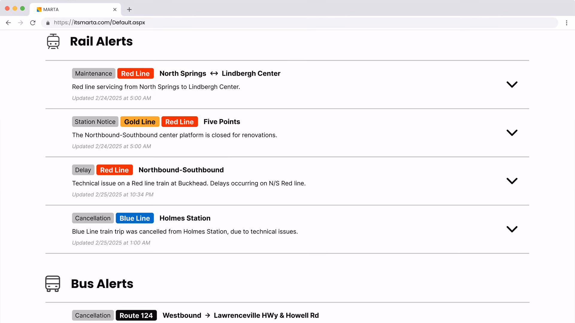 Screenshot of MARTA Rail Alerts listing maintenance, station notice, delay, and cancellation on Red, Gold, and Blue Lines.