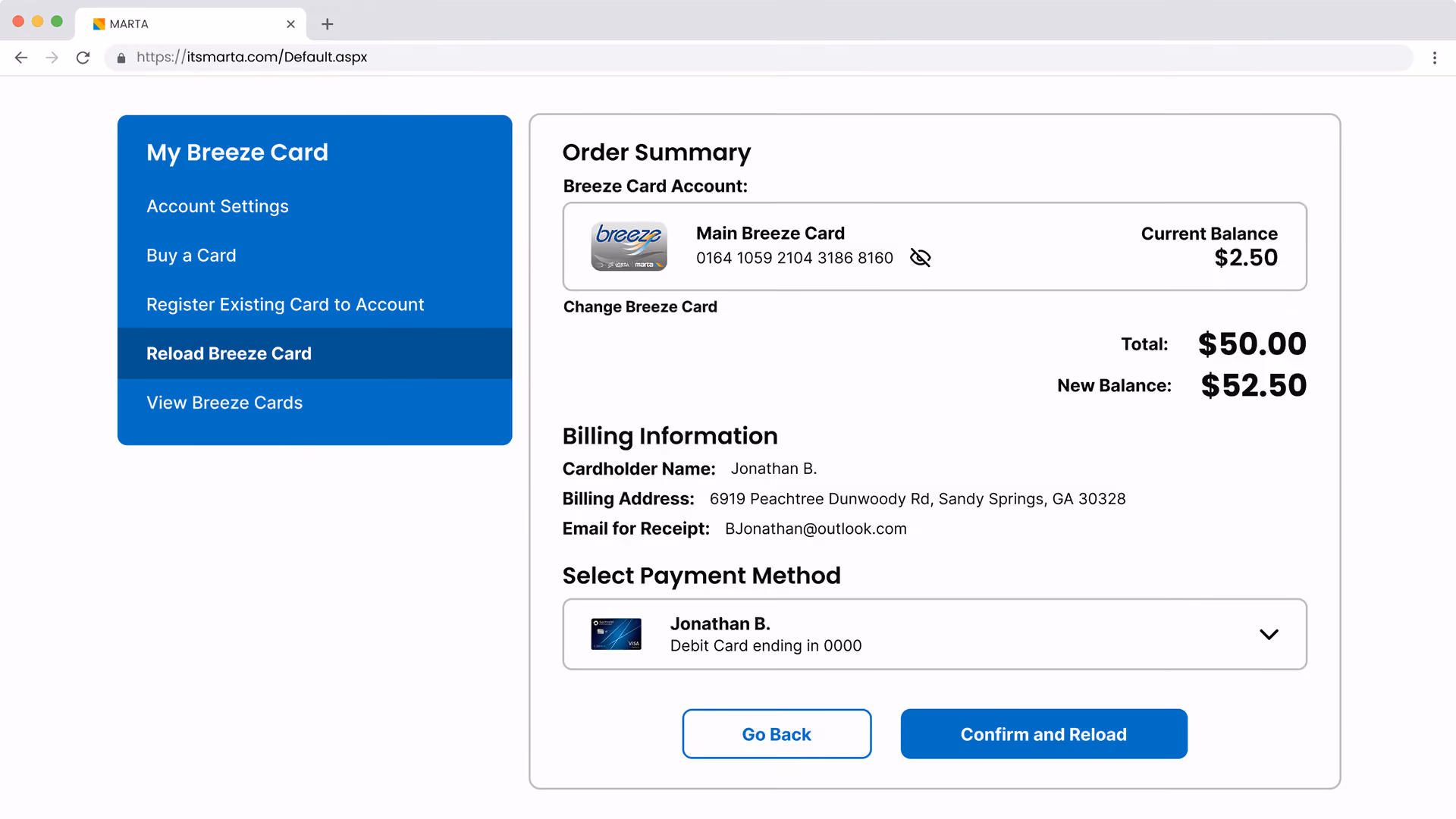MARTA Breeze card reload screen showing account, balance, billing info, payment method, and reload button.