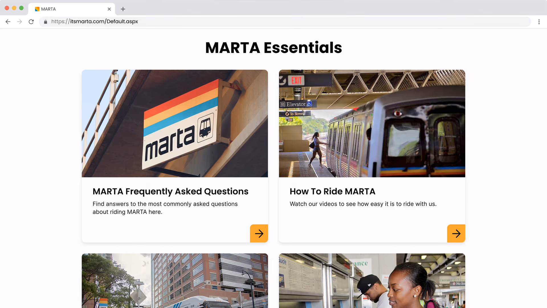 Website section titled MARTA Essentials with cards for FAQs and how to ride MARTA featuring transit images.