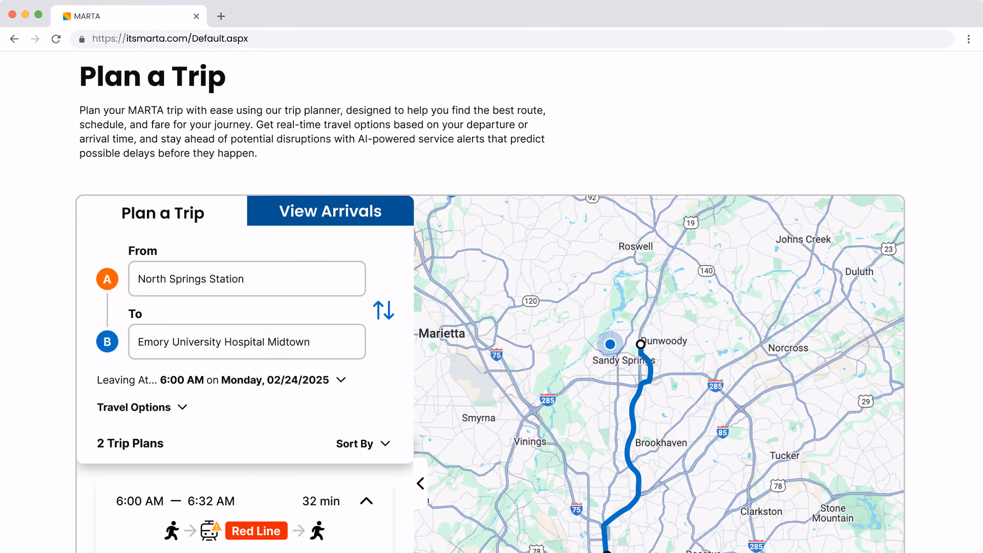 MARTA trip planner screen showing route from North Springs Station to Emory University Hospital Midtown.