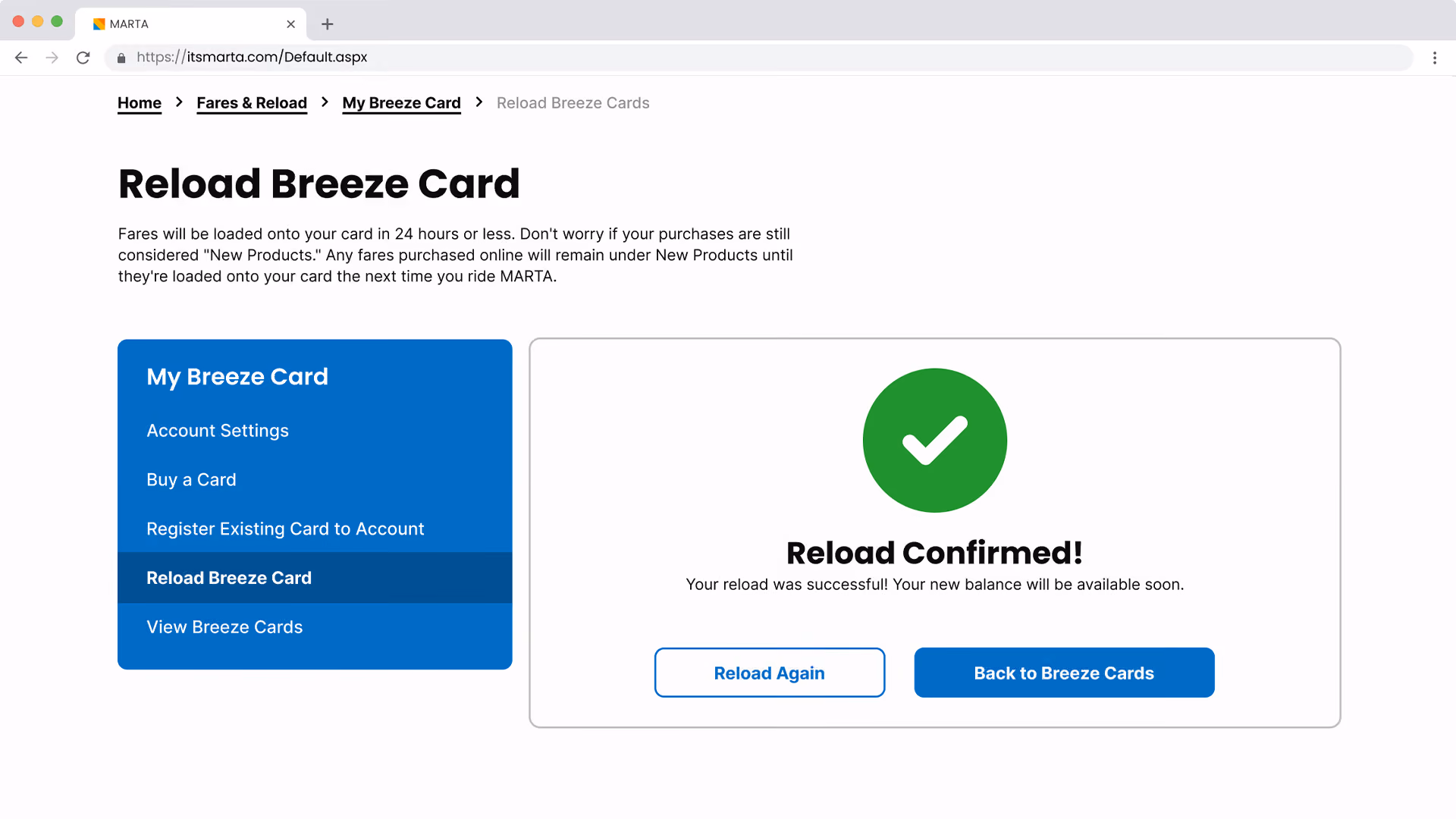 Website page showing confirmation of successful Breeze Card reload with checkmark and navigation options.