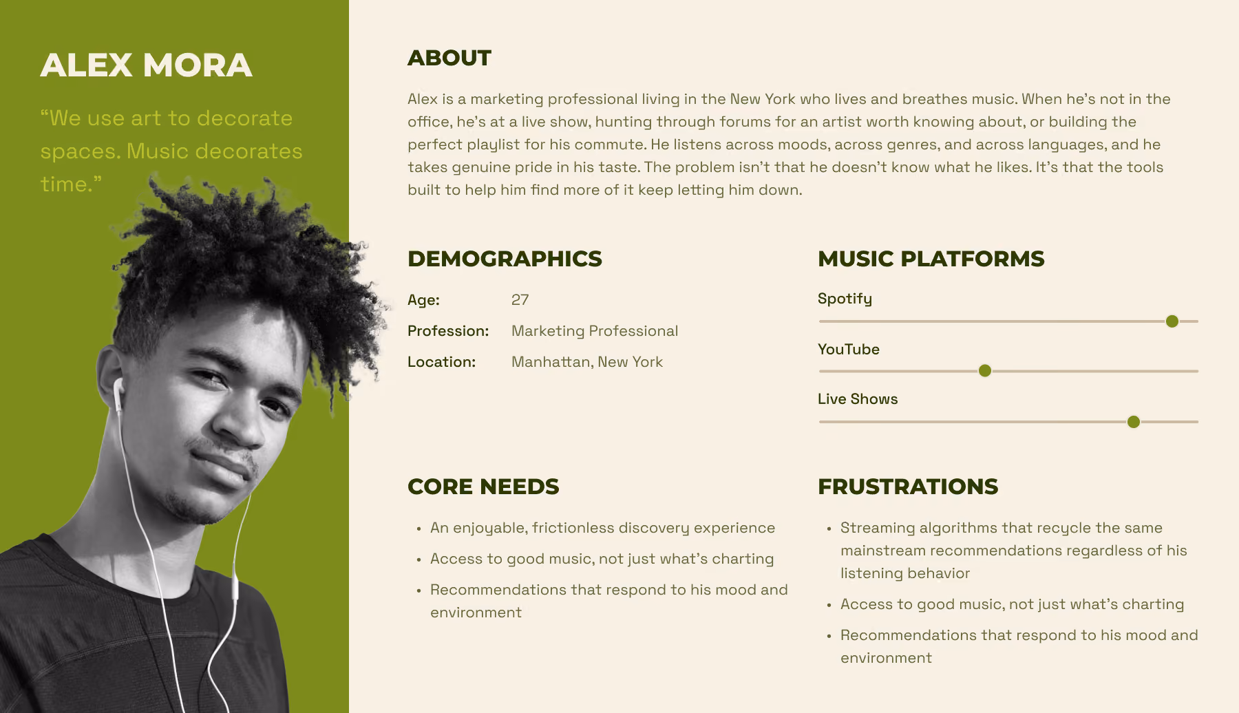 User persona profile of Alex Mora, a 27-year-old marketing pro from NYC with music discovery needs and platform preferences.