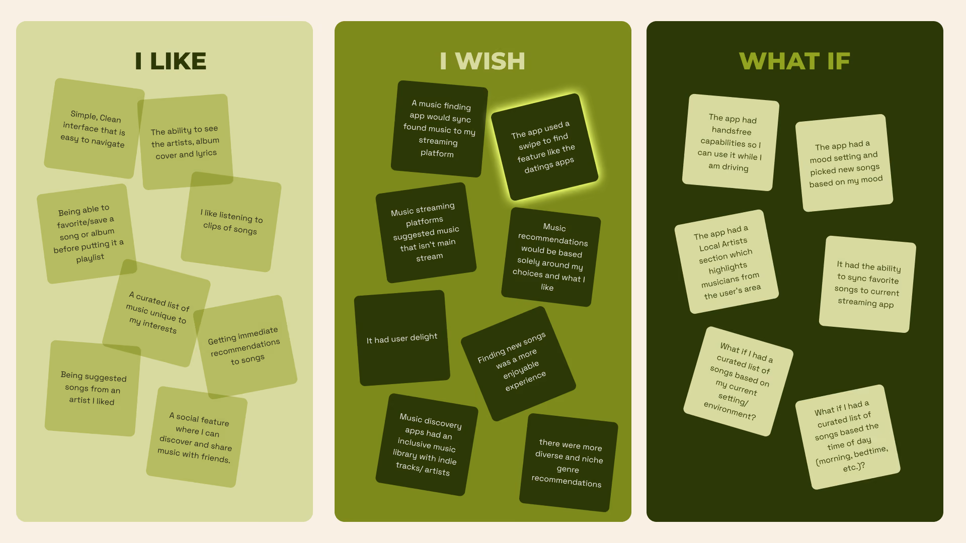 A brainstorming board with columns titled I LIKE, I WISH, and WHAT IF listing music app features and ideas.