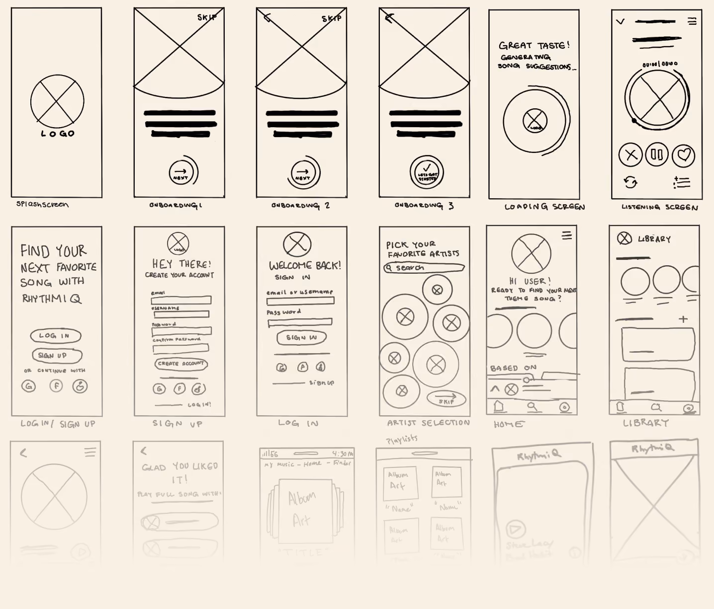 Four grayscale website wireframe sketches showing trip planning and service updates layouts.