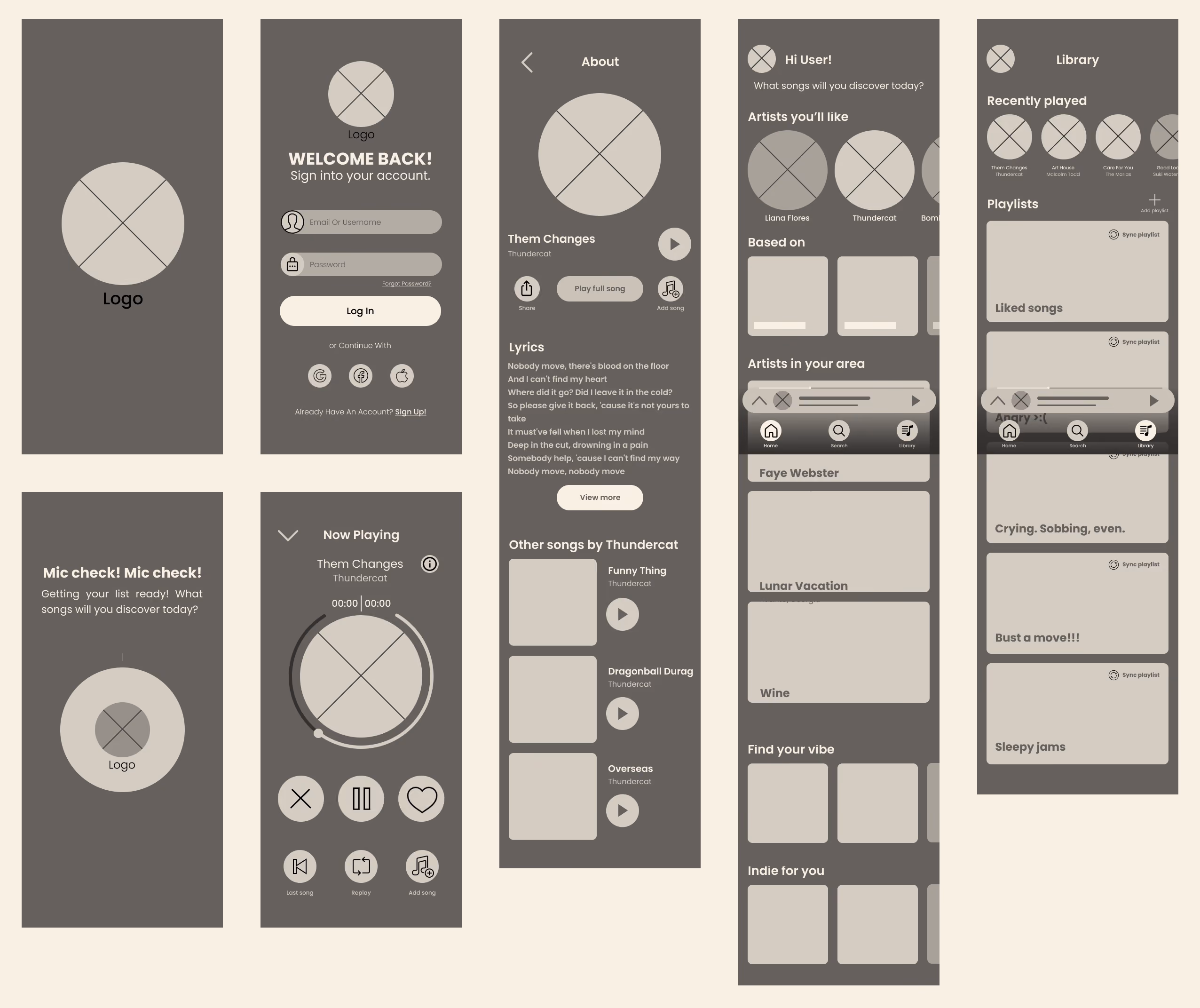 Wireframe screens of a music app showing login, now playing, song details, artist discovery, and playlists.