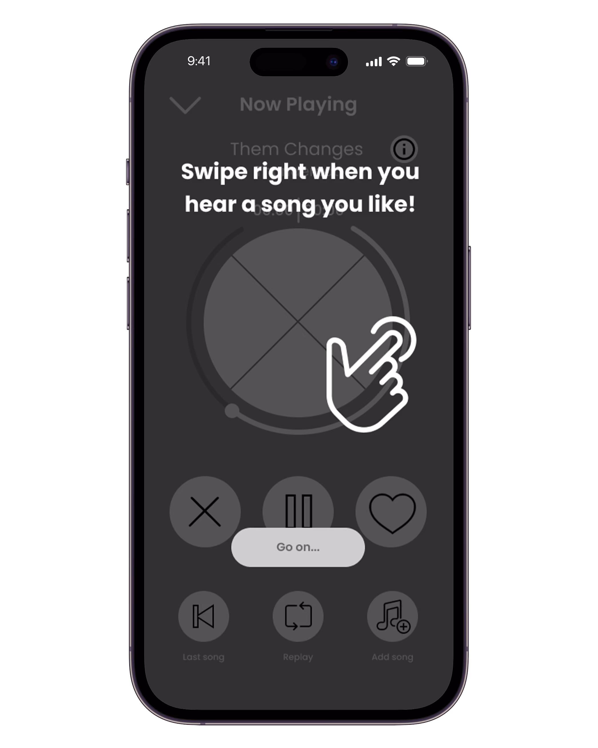Phone screen showing music app with instructions to swipe right if you like the song playing.