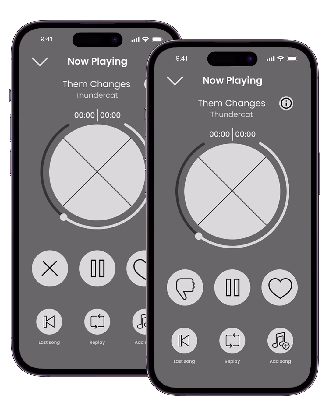 Two phones showing a music player for Them Changes by Thundercat with playback controls and progress circles.