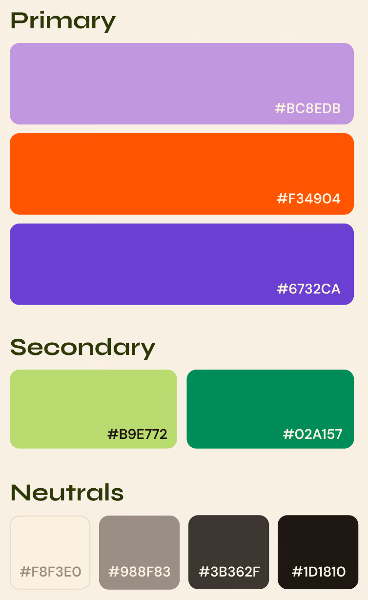 Color palette with primary lavender, orange, purple; secondary green shades; neutral white, gray, dark browns.