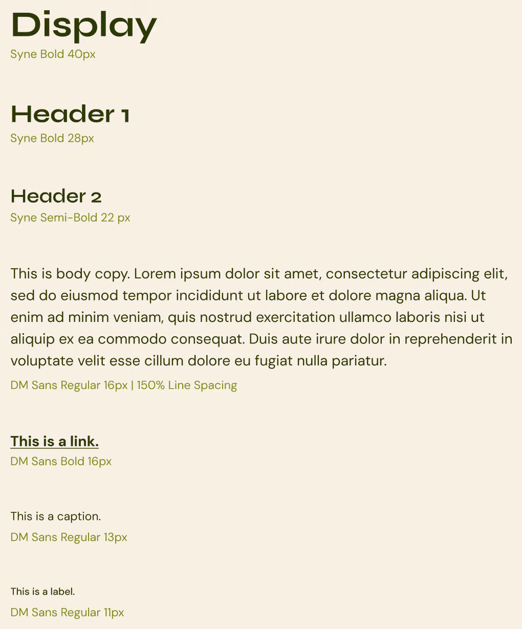 Typography styles showing Display, Header 1, Header 2, body text, link, caption, and label fonts with sizes.