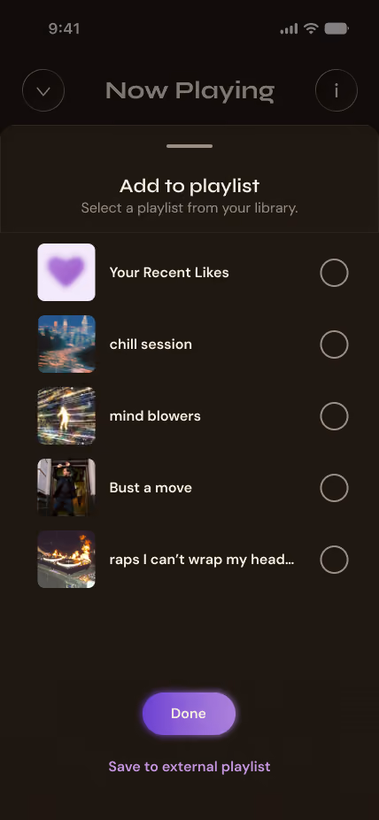 Music app screen showing options to add a song to playlists like Your Recent Likes, chill session, mind blowers, and more.