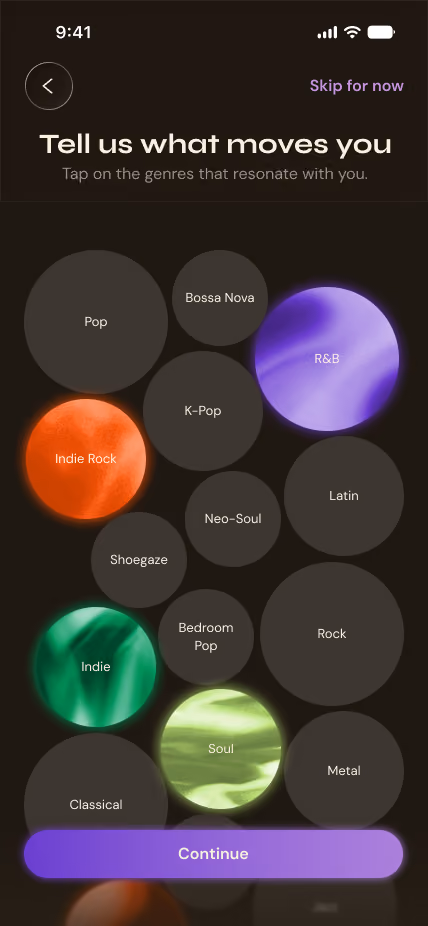 Music genre selection screen with bubbles labeled Pop, Indie Rock, R&B, K-Pop, Soul, and more, plus Continue button.