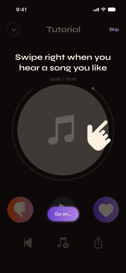 Music app tutorial screen instructing to swipe right when you hear a song you like.