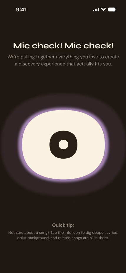 App screen with a glowing central icon and text about creating a personalized music discovery experience.