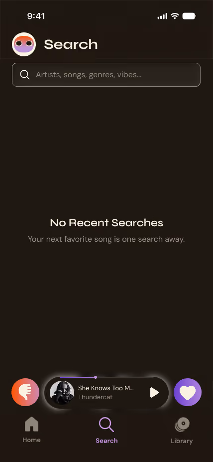 Music app search screen with no recent searches and a song playing by Thundercat.