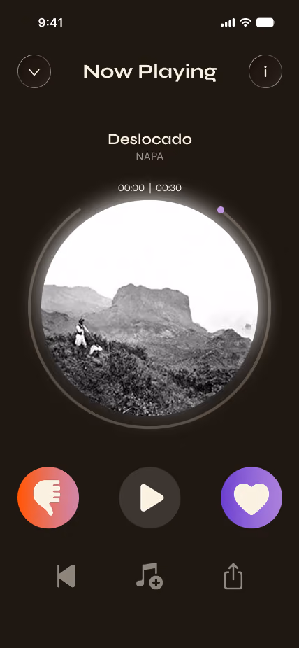 Music app screen showing 'Deslocado' by NAPA with play, dislike, and like buttons and mountain landscape album art.