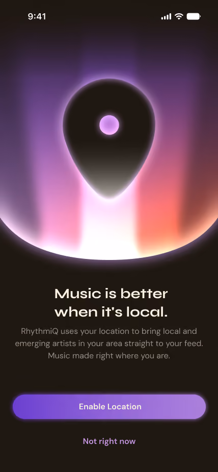 App screen with location pin icon and text about enabling location for local music discovery.