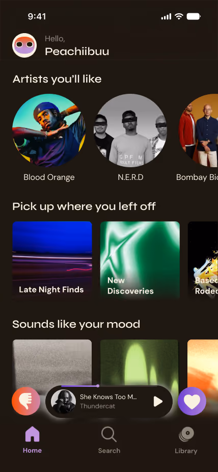 Music app home screen showing recommended artists, playlists, and mood-based sounds with playback controls.