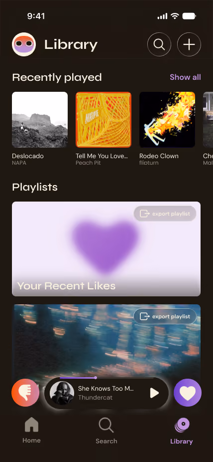 Music app library screen showing recently played songs and playlists with navigation icons.