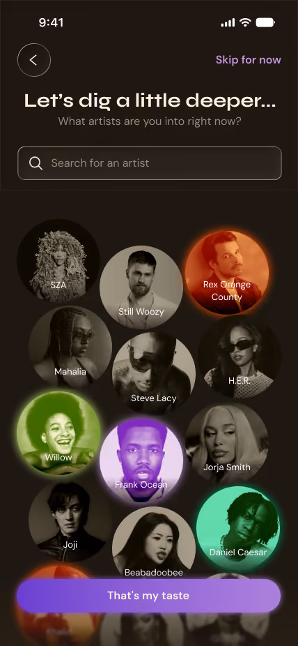Music app screen asking favorite artists with circular photos of artists and search bar.