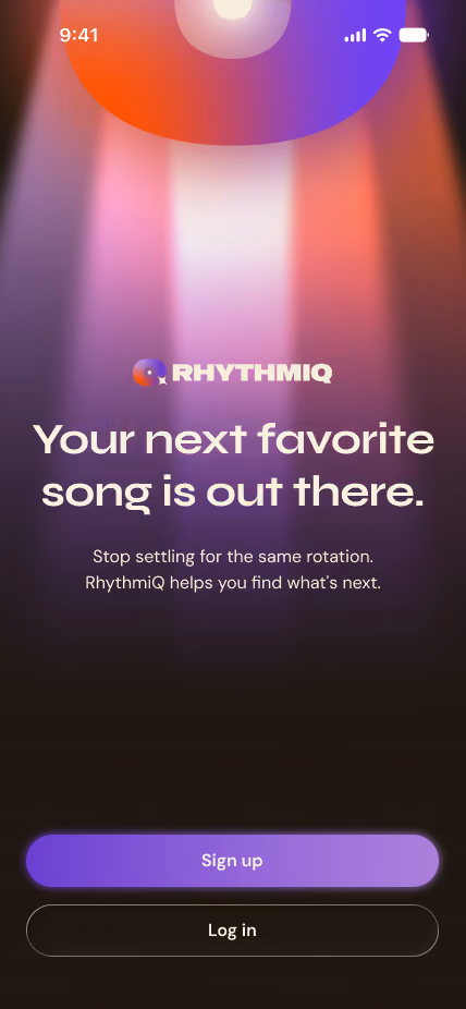 Rhythmiq app screen with text and buttons to sign up or log in against purple-red gradient background.