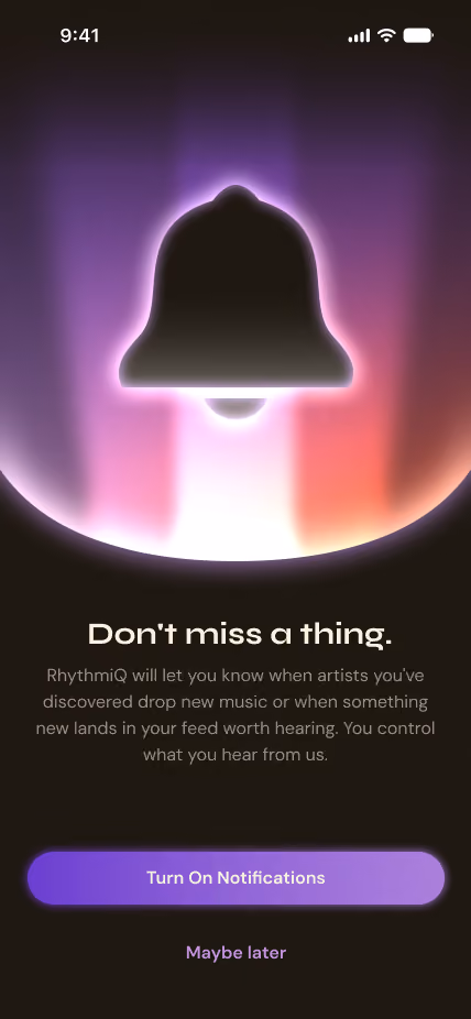 Screen shows a glowing bell icon with text about enabling notifications for new music updates.