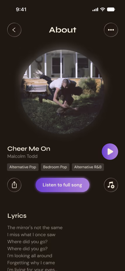 Music app screen showing ‘Cheer Me On’ by Malcolm Todd with play button and partial lyrics visible.