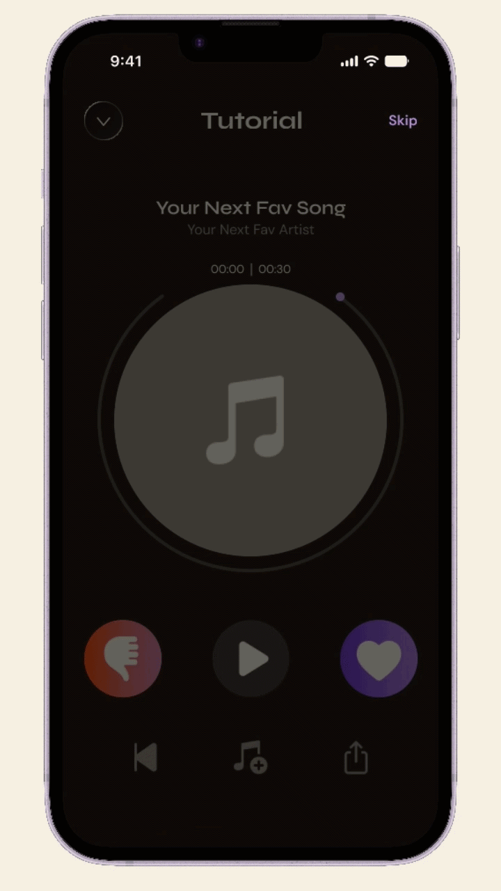 Music app tutorial screen on phone showing song playback with thumbs down, play, and heart buttons.