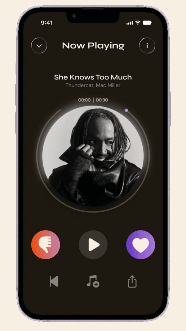 Music player on phone showing song 'She Knows Too Much' by Thundercat and Mac Miller with like and dislike buttons.