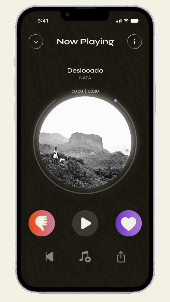 Smartphone music player showing 'Deslocado' by NAPA with play, dislike, like, and share buttons.