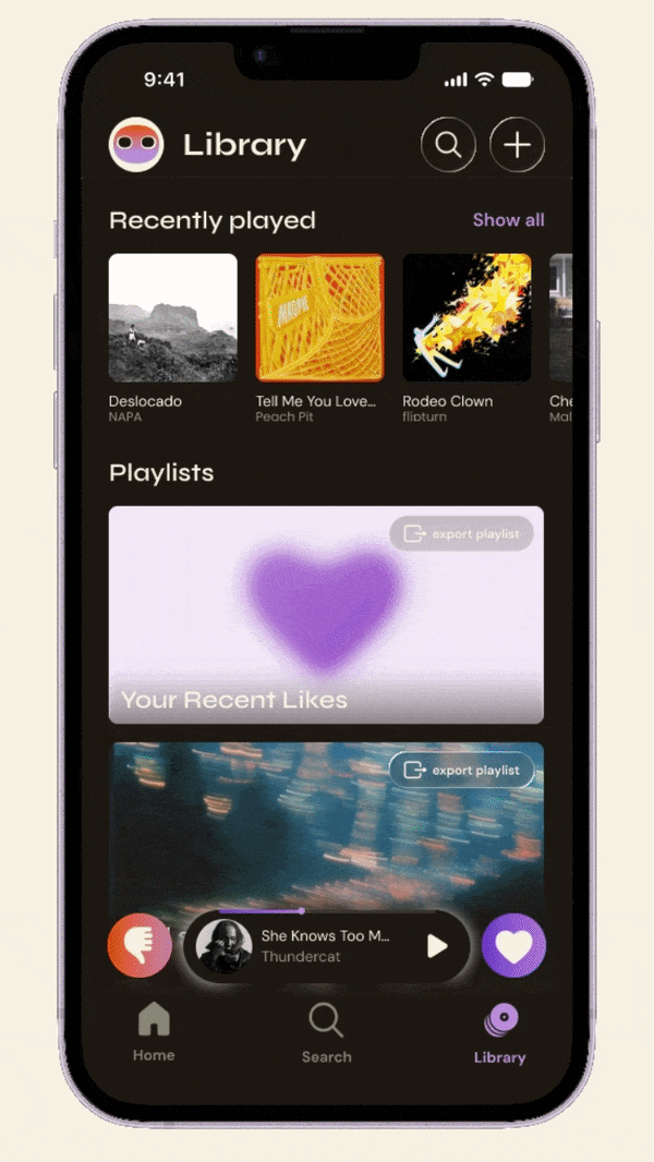 Mobile music app shows recently played songs and playlists with options to export playlists.