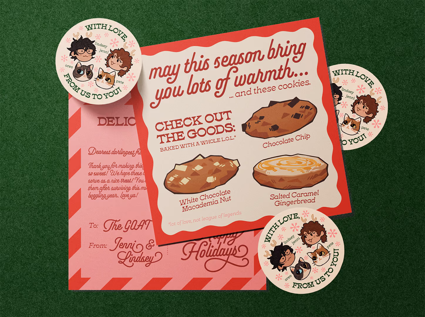 Holiday card and cookies menu with cartoon portraits and holiday message on green background.