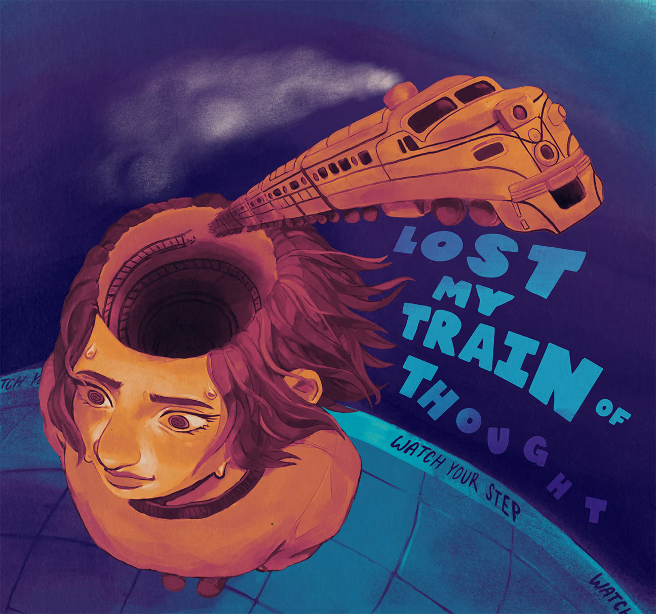 Surreal image of person with spiral hole in head and train emerging, text reads 'Lost my train of thought'.