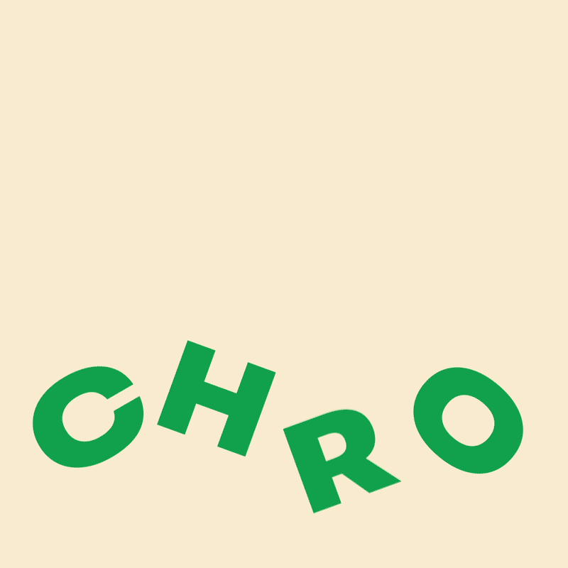 Green letters C, H, R, O arranged in a wave pattern on a beige background.