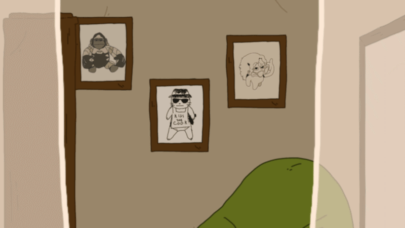 Cartoon wall with three framed sketches of characters above a green chair in a room.