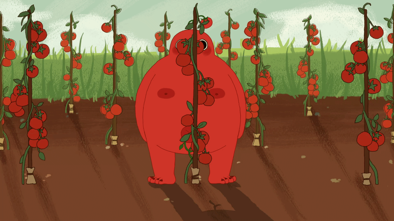 Red humanoid character standing among rows of tomato plants with ripe tomatoes in a garden.