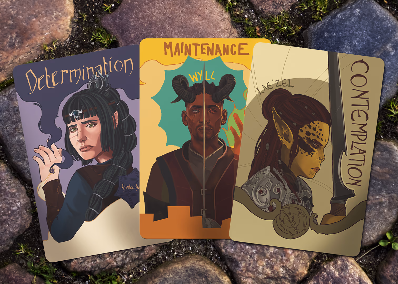 Three fantasy-themed cards labeled Determination, Maintenance, and Contemplation with distinctive character portraits.