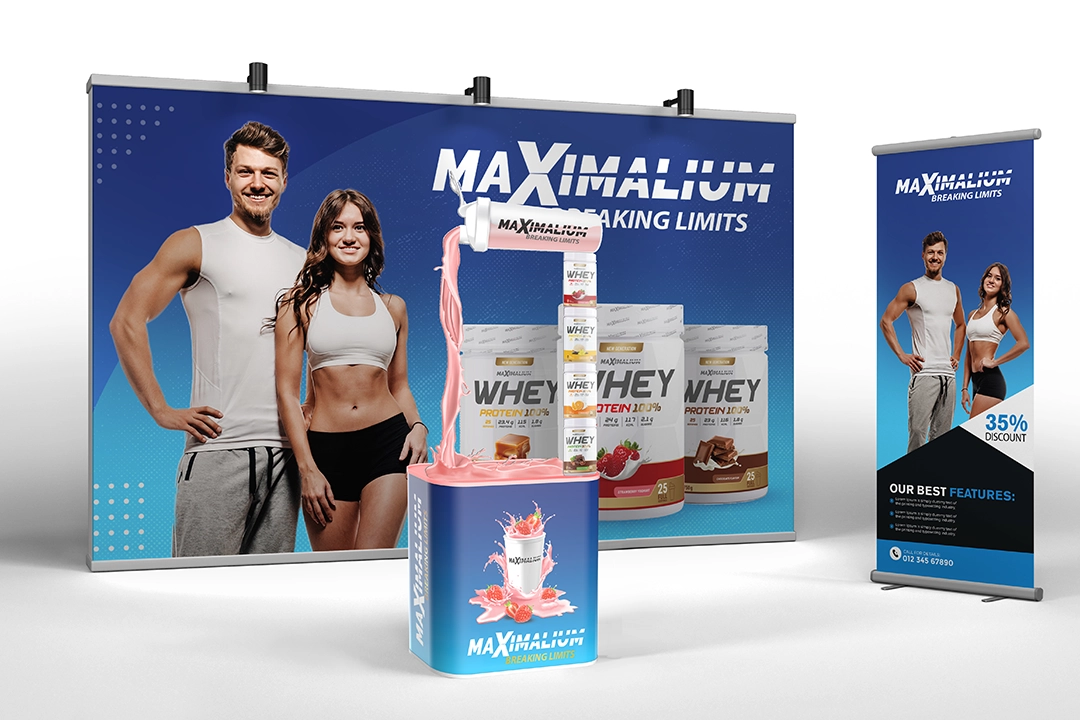 Maximalium retail display, product range and roll-up banners
