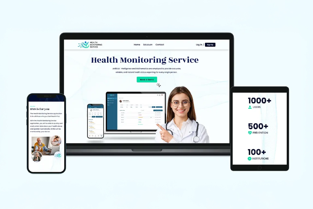 Health Monitoring Service website shown on desktop, tablet and mobile