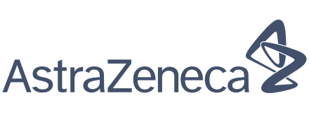 AstraZeneca Schriftzug mit abstraktem Symbol rechts.