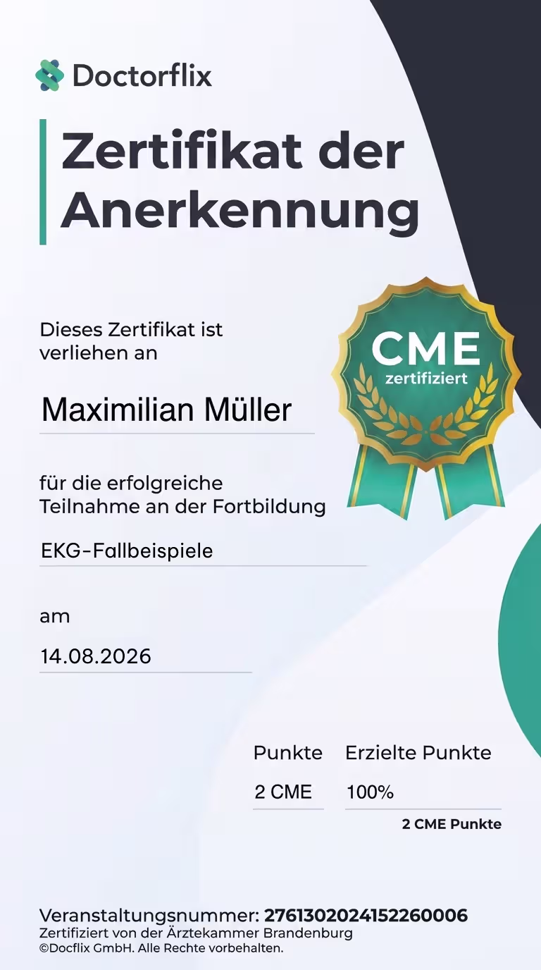 Zertifikat von Doctorflix für Maximilian Müller zur Teilnahme an EKG-Fallbeispiele mit 2 CME Punkten.