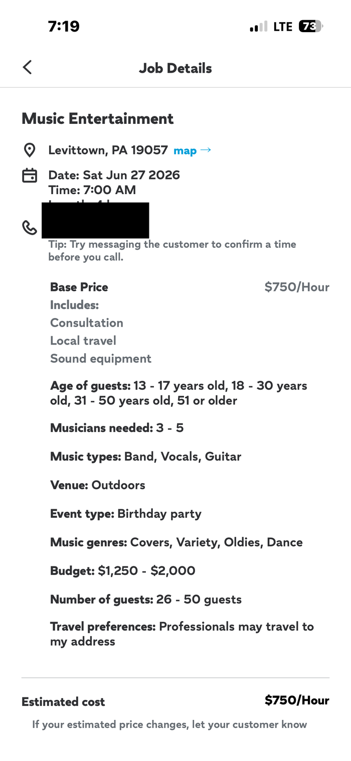 Screenshot of a Facebook post with contact information redacted