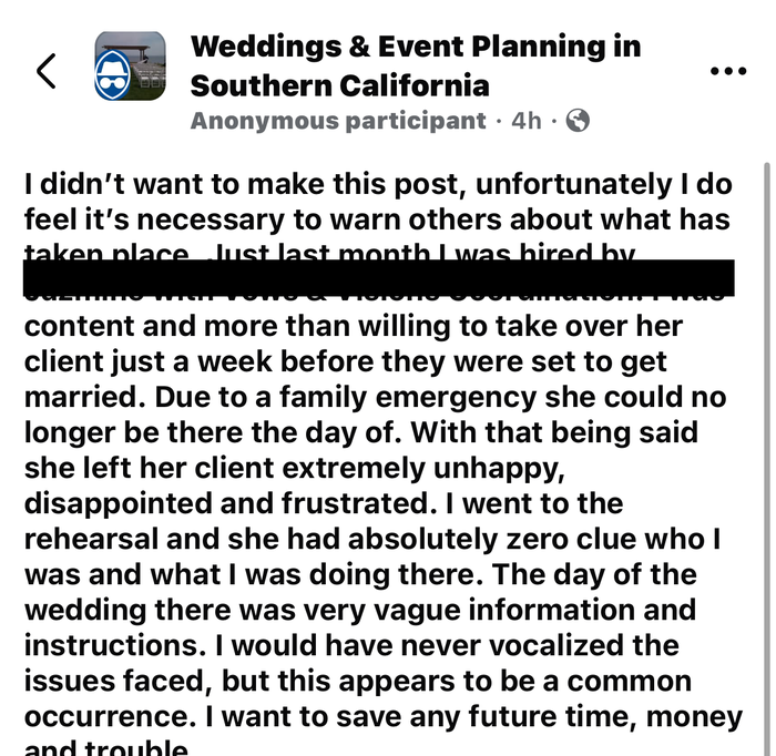 Screenshot of a Facebook post referencing a wedding coordinator, name redacted