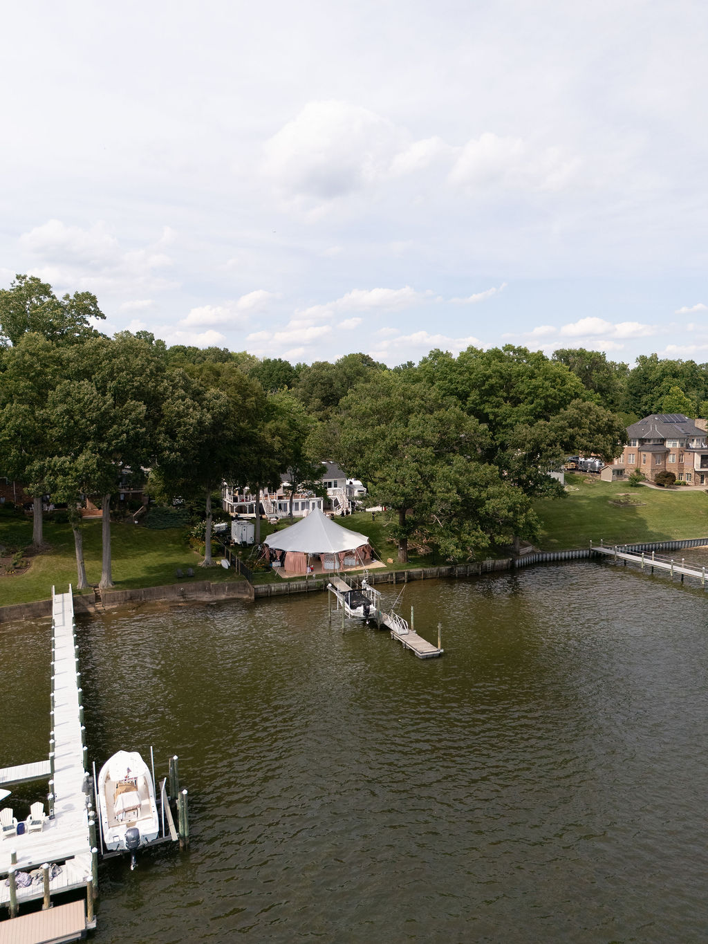 Aerial view of the reception tent and waterfront property before the Lorton, Virginia wedding began.