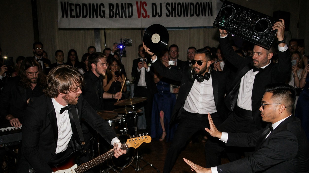 A wedding band guitarist and three DJs face off in mock combat at a reception under a 'Wedding Band vs. DJ Showdown' banner, guests reacting and filming on phones in the background, direct-flash candid photograph