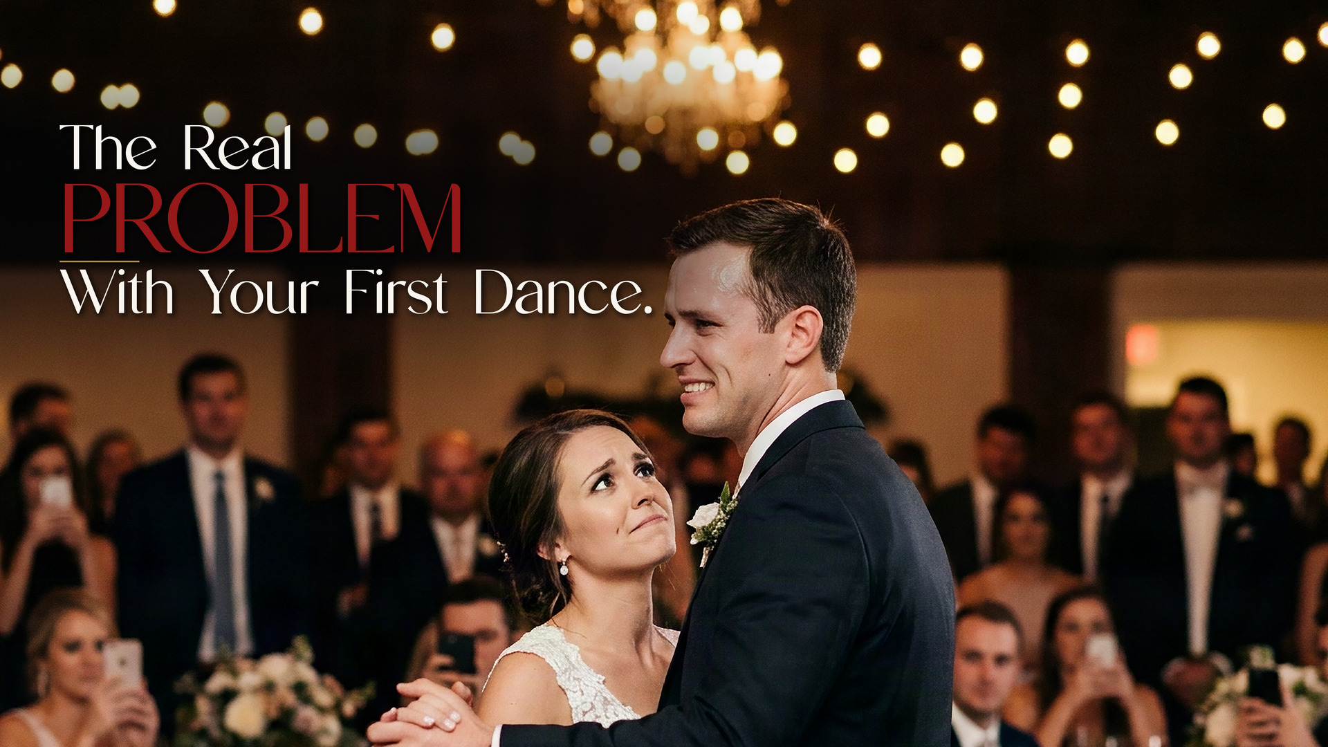 A nervous groom shares a first dance with his bride as wedding guests watch and film the moment.